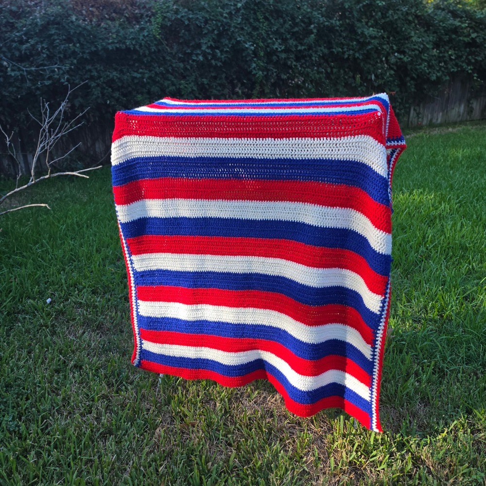 Handmade Crochet Blanket Red White Blue Striped Patriotic Nautical Throw Afghan